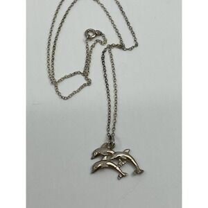 Dolphin 925‎ Pendant Family Playful Chain Is Silvertone 16" Wear On Chain